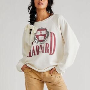 Free People Retro Brand Antique White Harvard Crew Sweatshirt Sz S